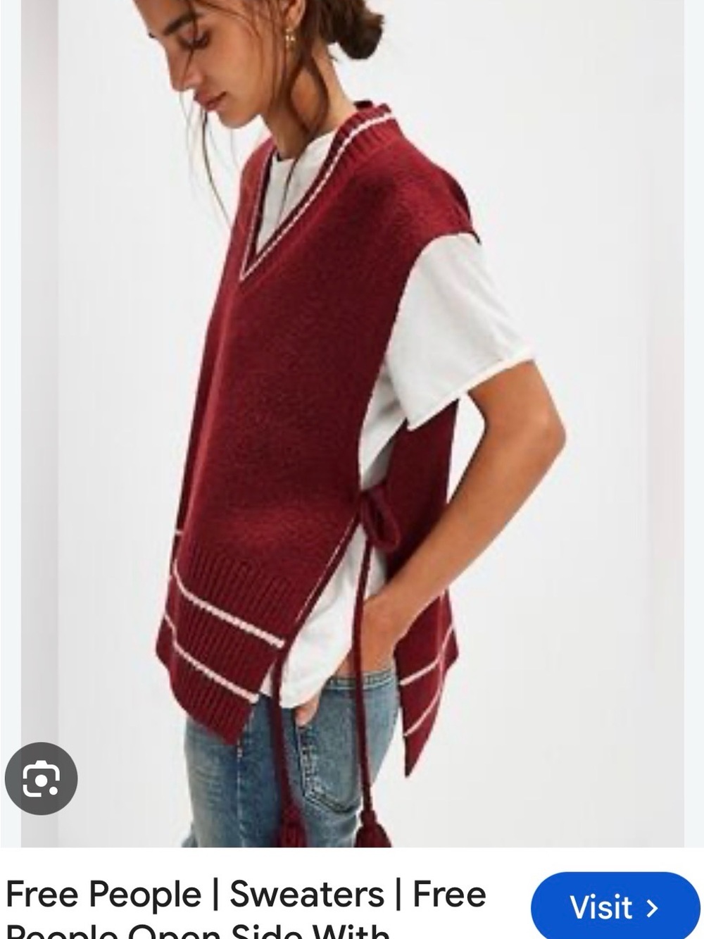 Free People Crimson V-Neck Knit Sweater Vest with Tassel Ties
